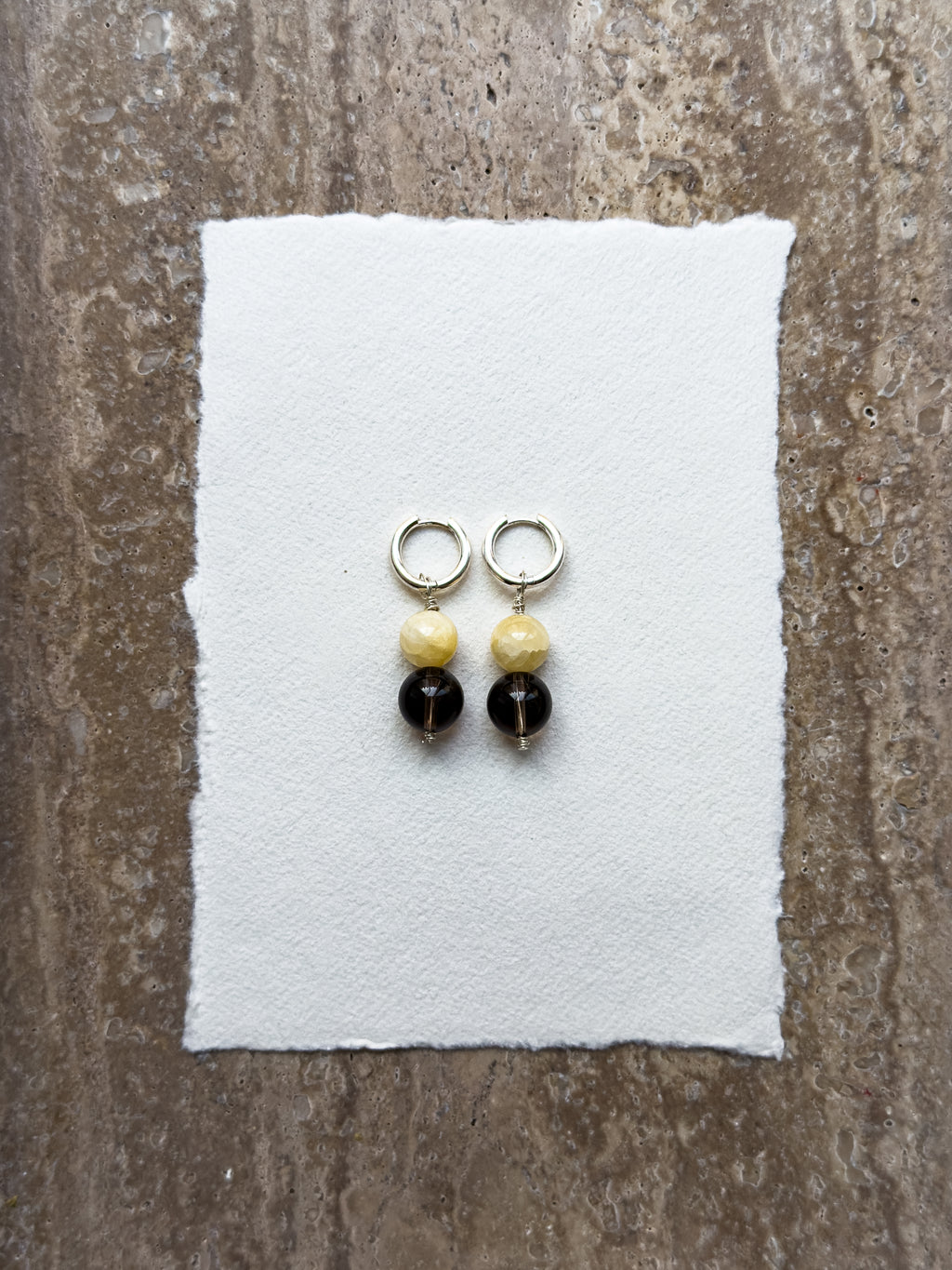 Hazel yellow jade and smoky quartz hoop earrings – OYSTER BAY