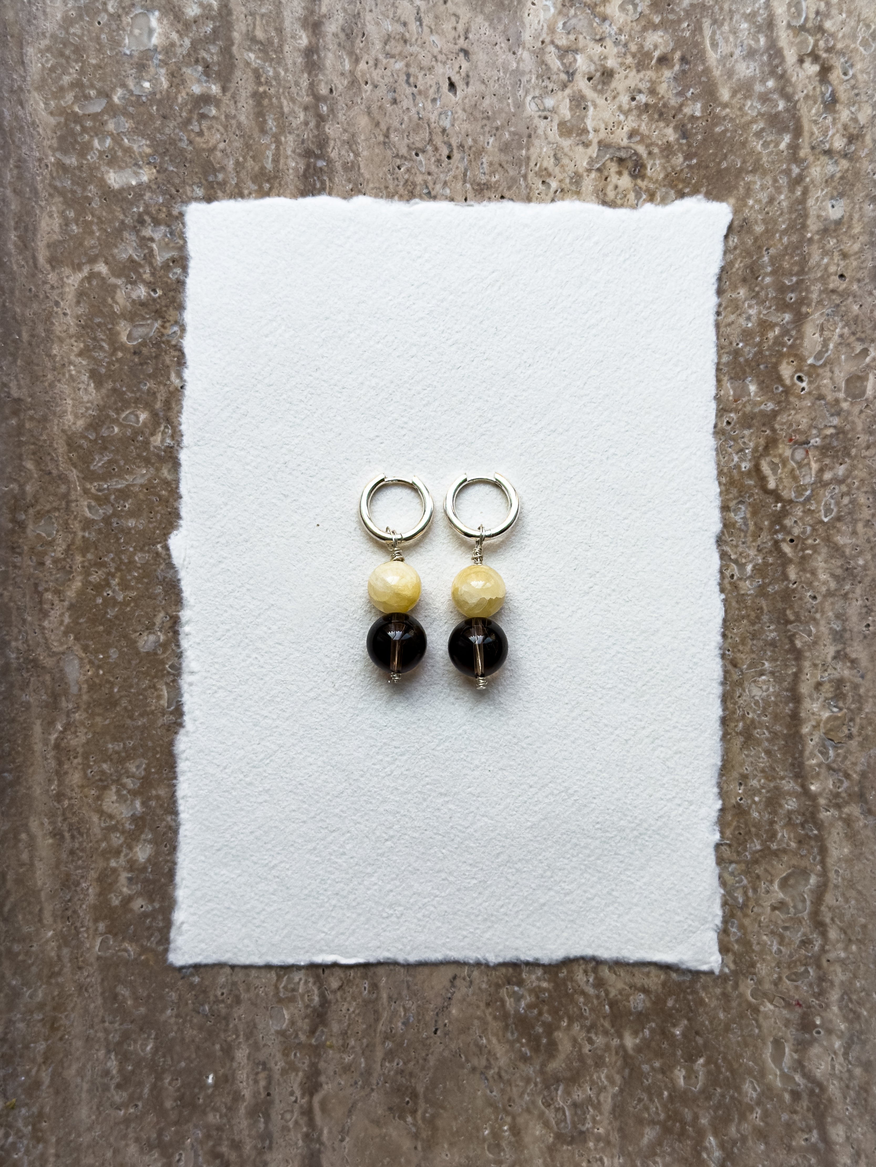 Hazel yellow jade and smoky quartz hoop earrings – OYSTER BAY