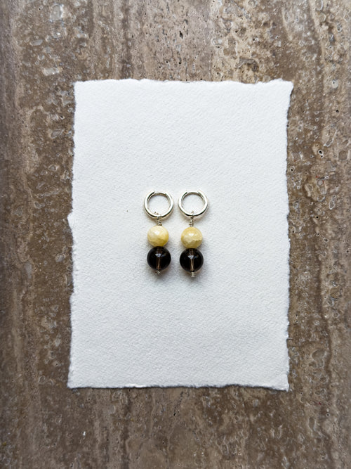 Hazel yellow jade and smoky quartz hoop earrings – OYSTER BAY